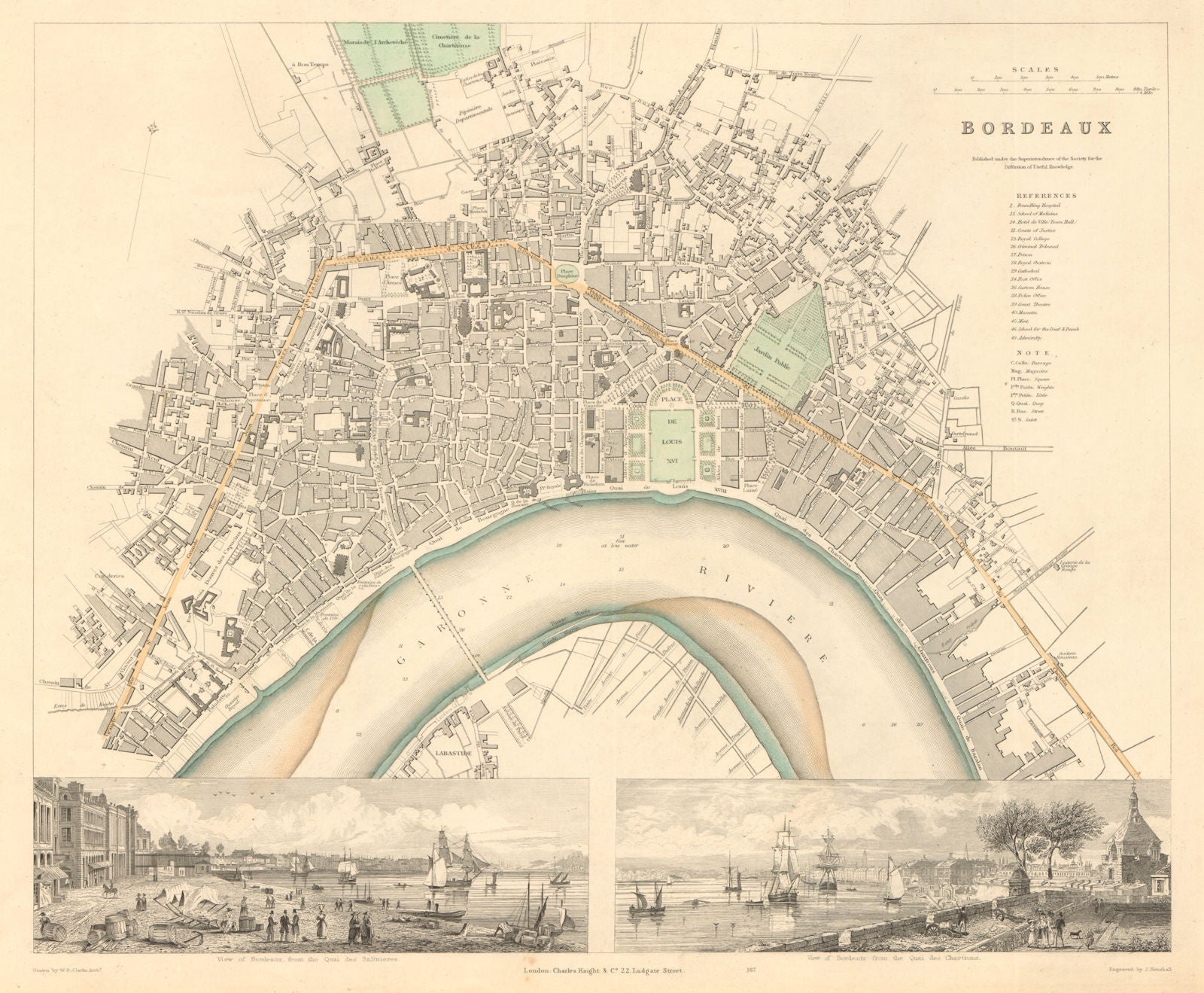 BORDEAUX. Antique town city map plan. Inset Quai Salinieres Chartrons. SDUK 1847
